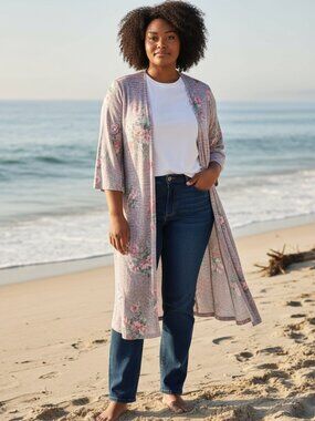 Torrid Floral Cottagecore Kimono Duster Knit Hi-Low Bloomscoere 3/4 Sleeve Sz 0X